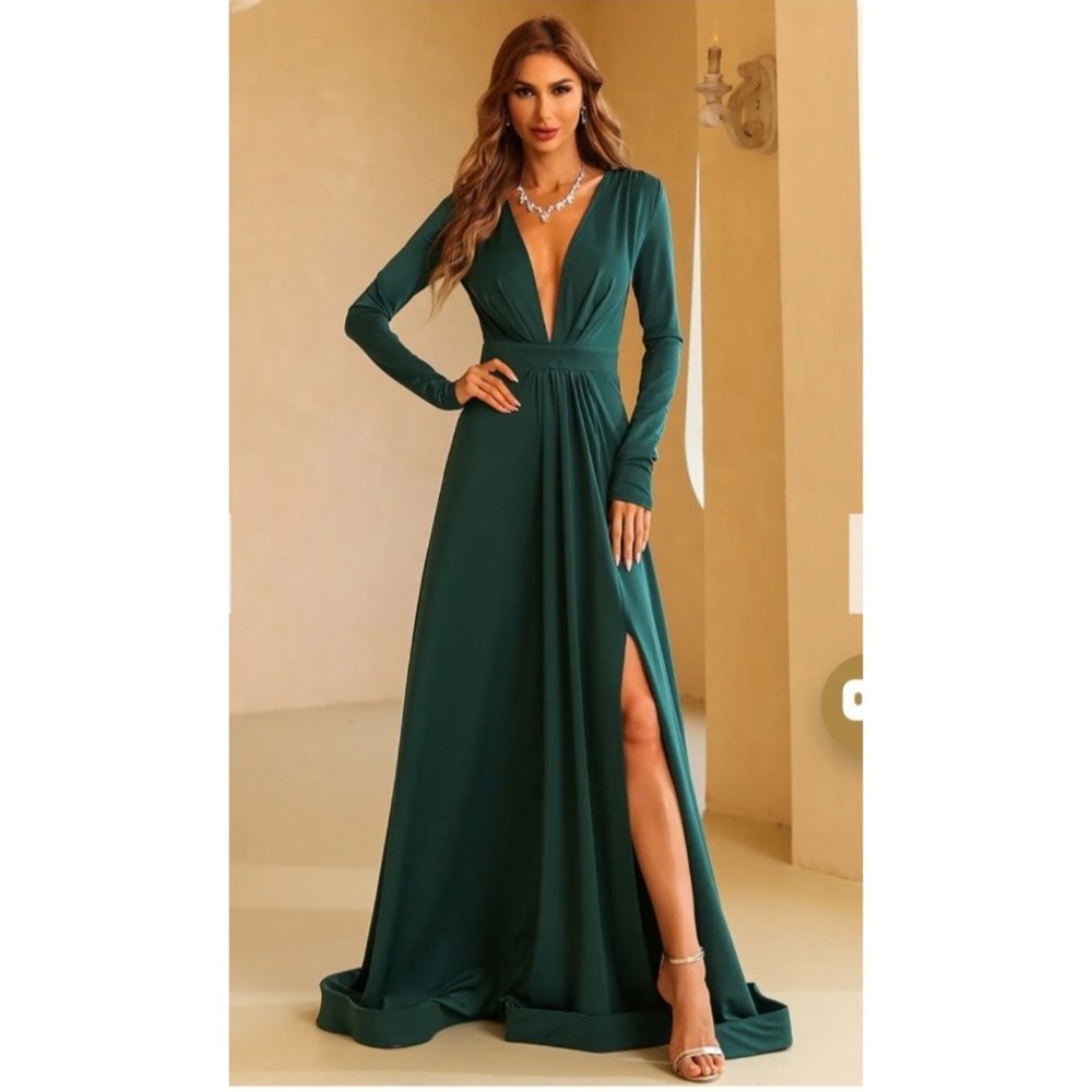 Miss Ord Women's Maxi Dress Size M Green V-neck Long Sleeve Split XH1221